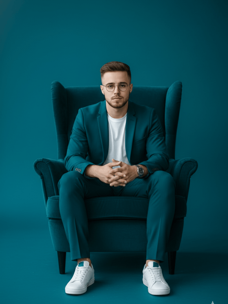 Confident, stylish, seated portrait
