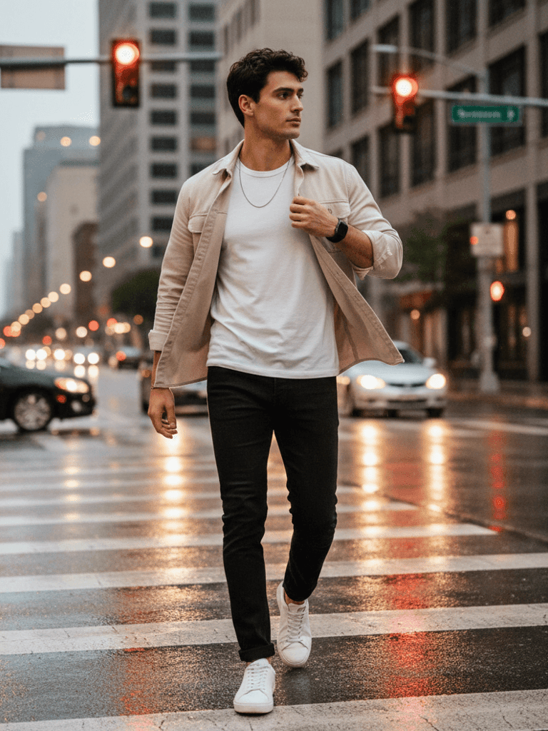 Stylish man walking city street