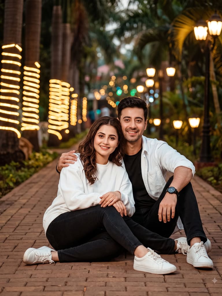 Night Bokeh String Lights Couple Sitting Portrait (Variation 3)