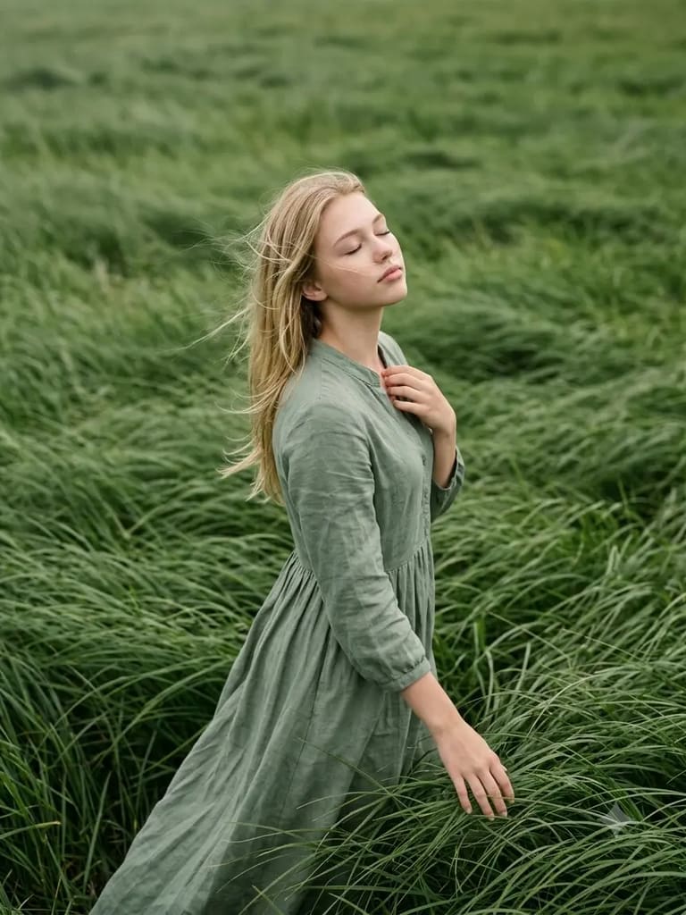 Serene Woman in Wind Green Field Portrait (Variation 5)