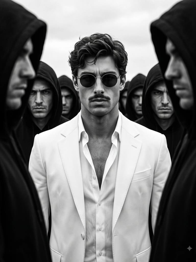 White Suit Man in Hooded Crowd Portrait (Variation 7)