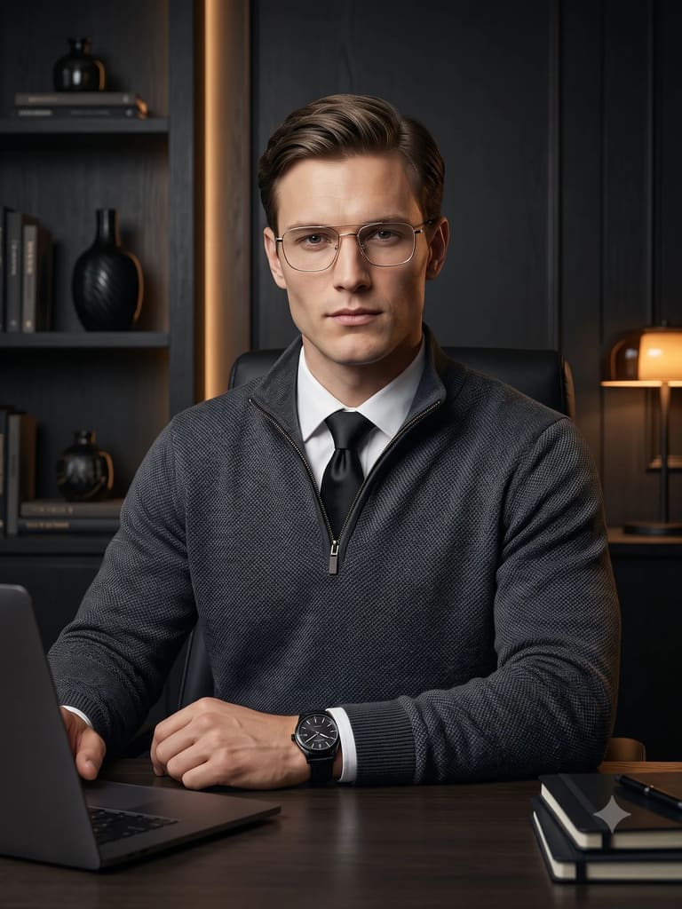 Businessman at Office Desk with Laptop Portrait (Variation 1)