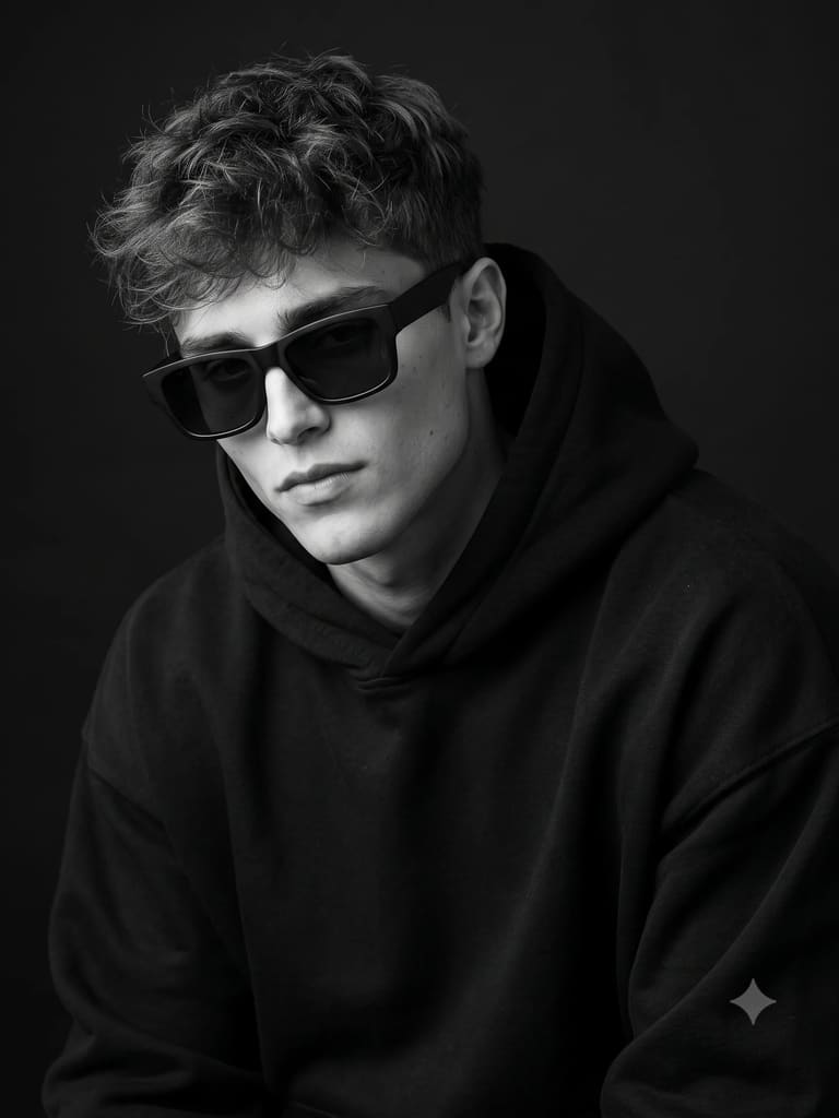 Monochrome Man Black Hoodie Sunglasses Portrait (Variation 4)
