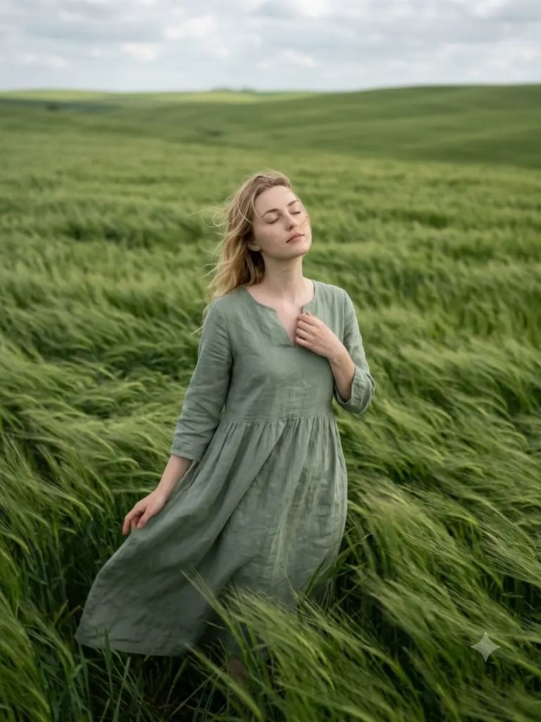 Serene Woman in Wind Green Field Portrait (Variation 7)
