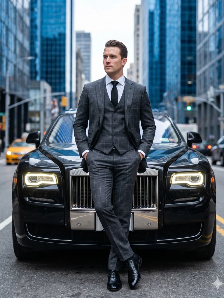 Man in Plaid Suit Against Luxury Car