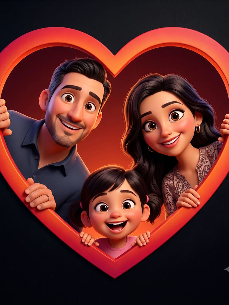 3d Animated Family Portrait in Heart Frame Portrait (Variation 8)