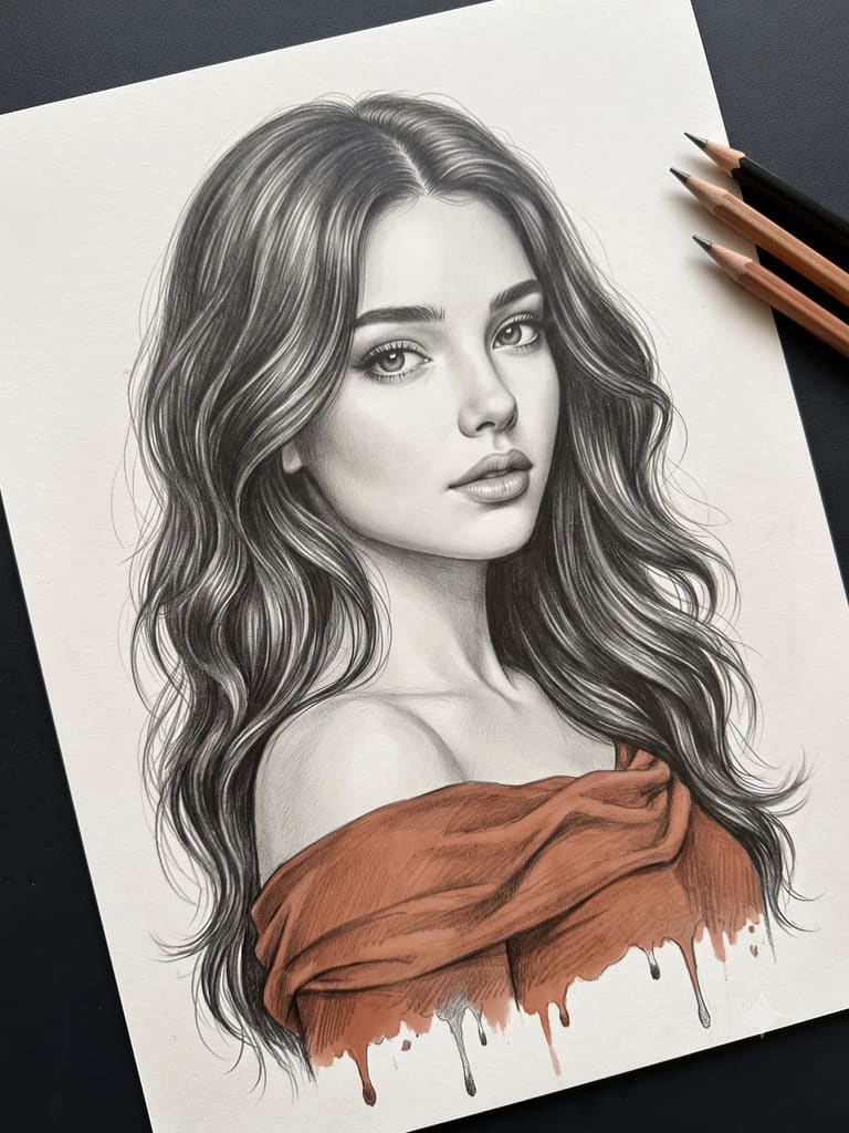 Graphite & Color Female Sketch (Variation 7)