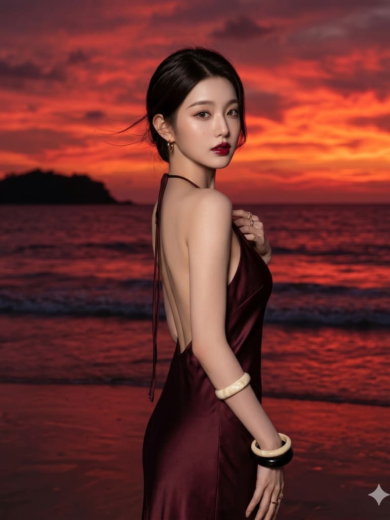 Dramatic Red Sky Coastal Sunset Woman Portrait (Variation 2)