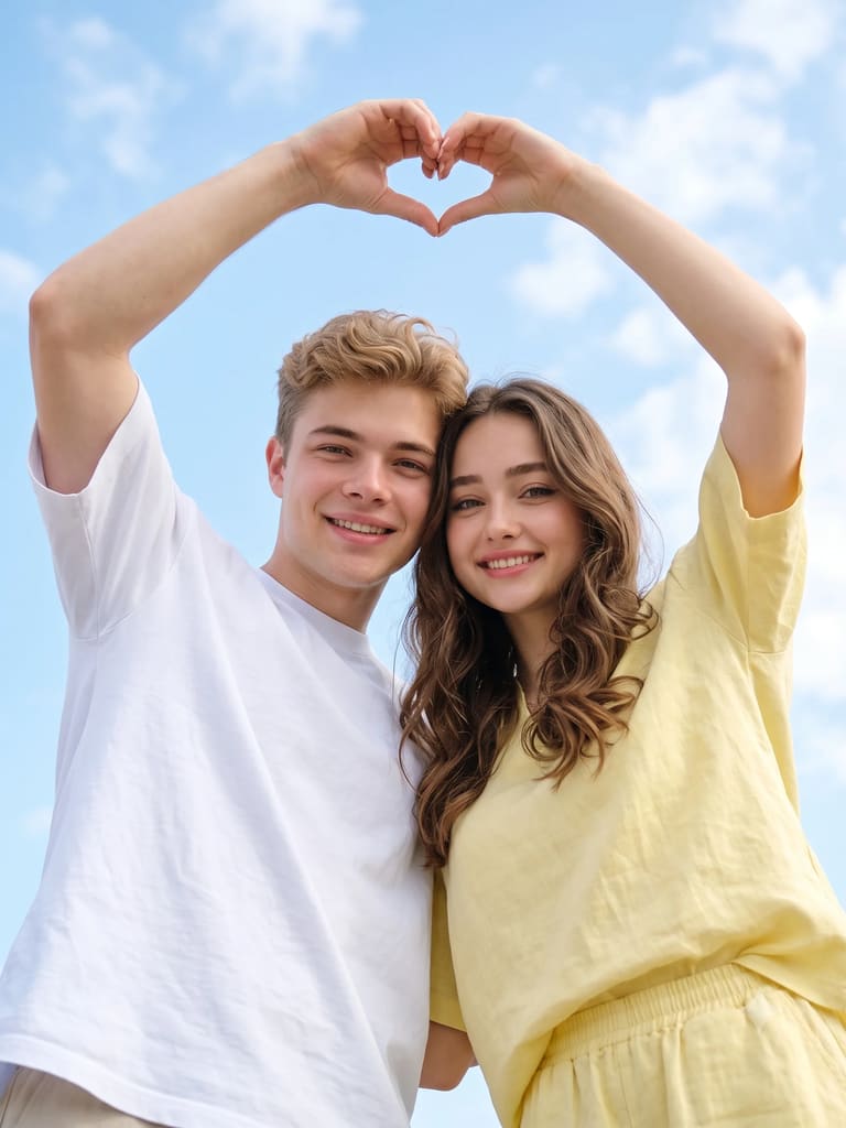 Low Angle Blue Sky Heart Hands Couple Portrait (Variation 2)