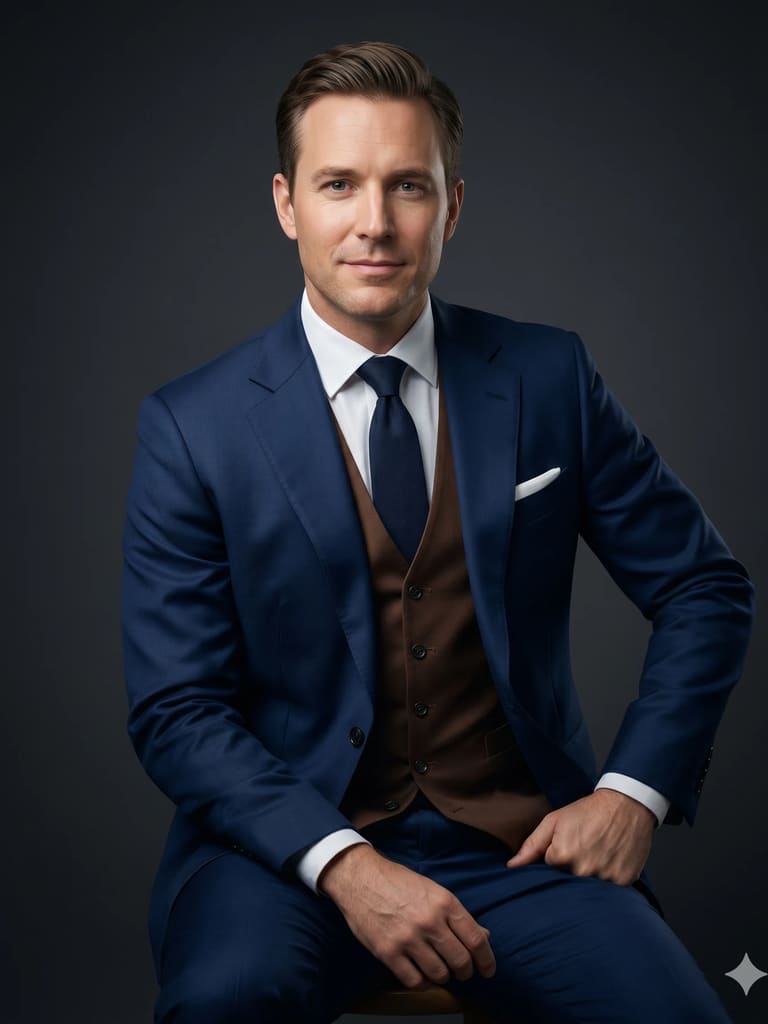 Man in a Tailored Navy Suit and Brown Waistcoat