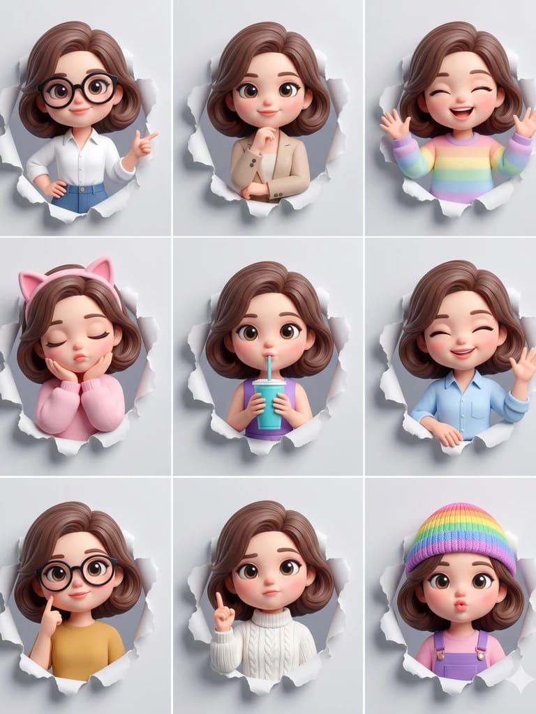 3D Girl Avatar Sticker Sheet Grid