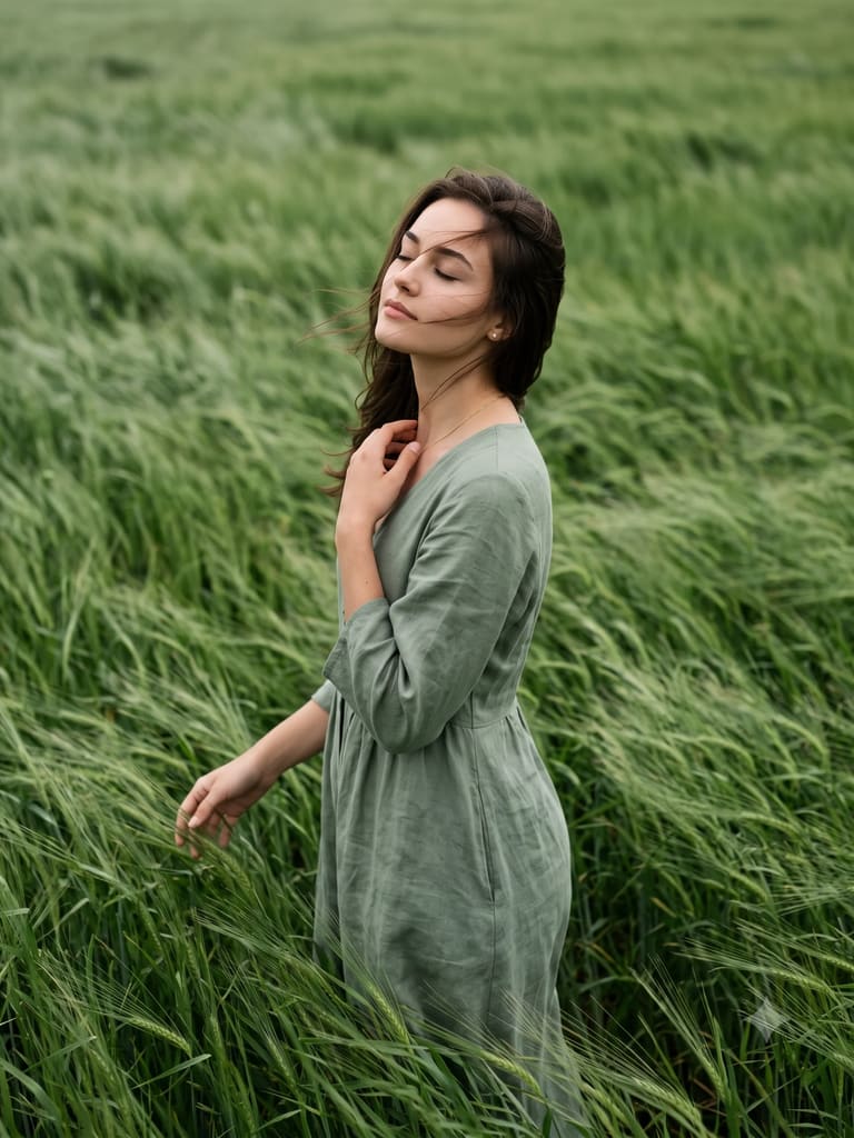 Serene Woman in Wind Green Field Portrait (Variation 6)