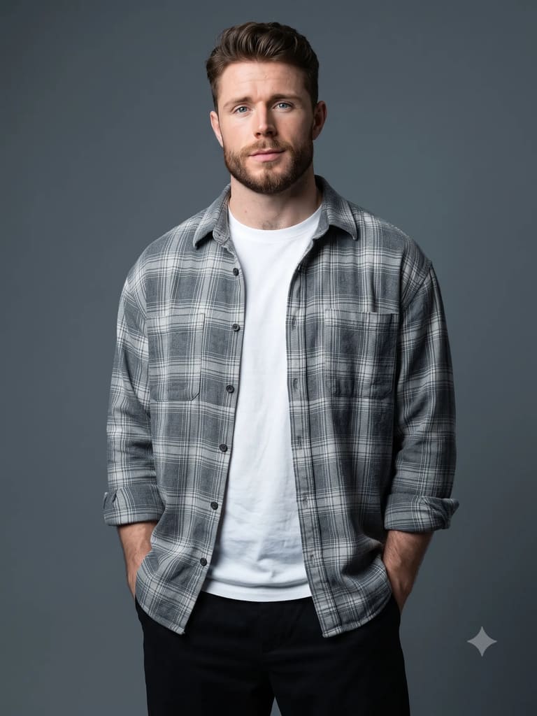 Grey Plaid Flannel Studio Men Fashion Portrait (Variation 3)