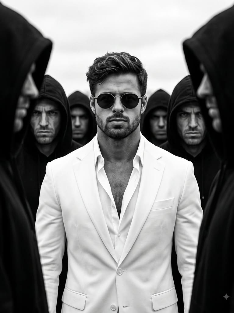White Suit Man in Hooded Crowd Portrait (Variation 4)