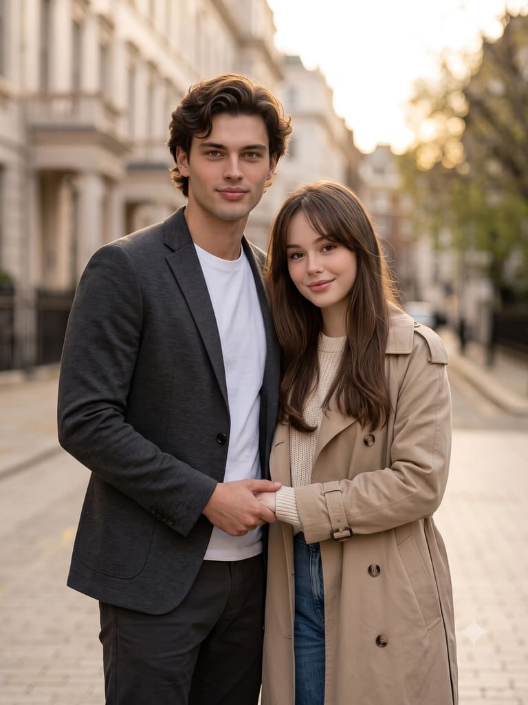 Coordinated Couple Golden Hour City Lifestyle Portrait (Variation 2)