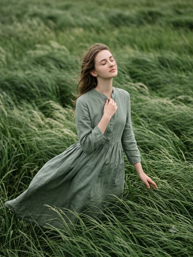 Serene Woman in Wind Green Field