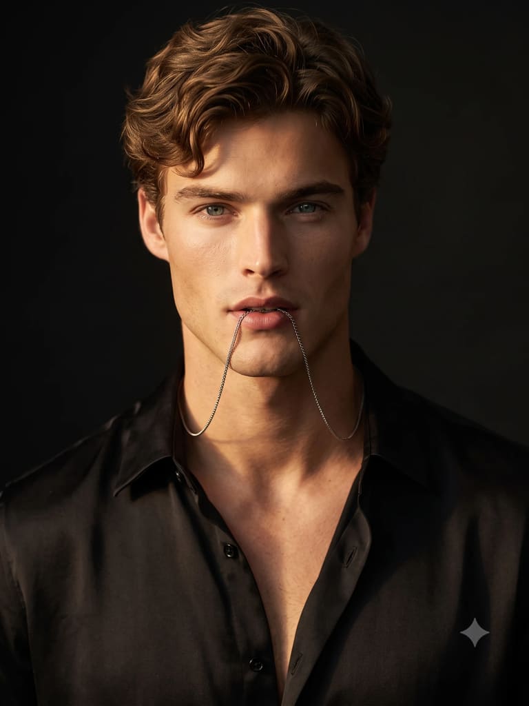 Dark Cinematic Chain Necklace Male Model Portrait (Variation 1)