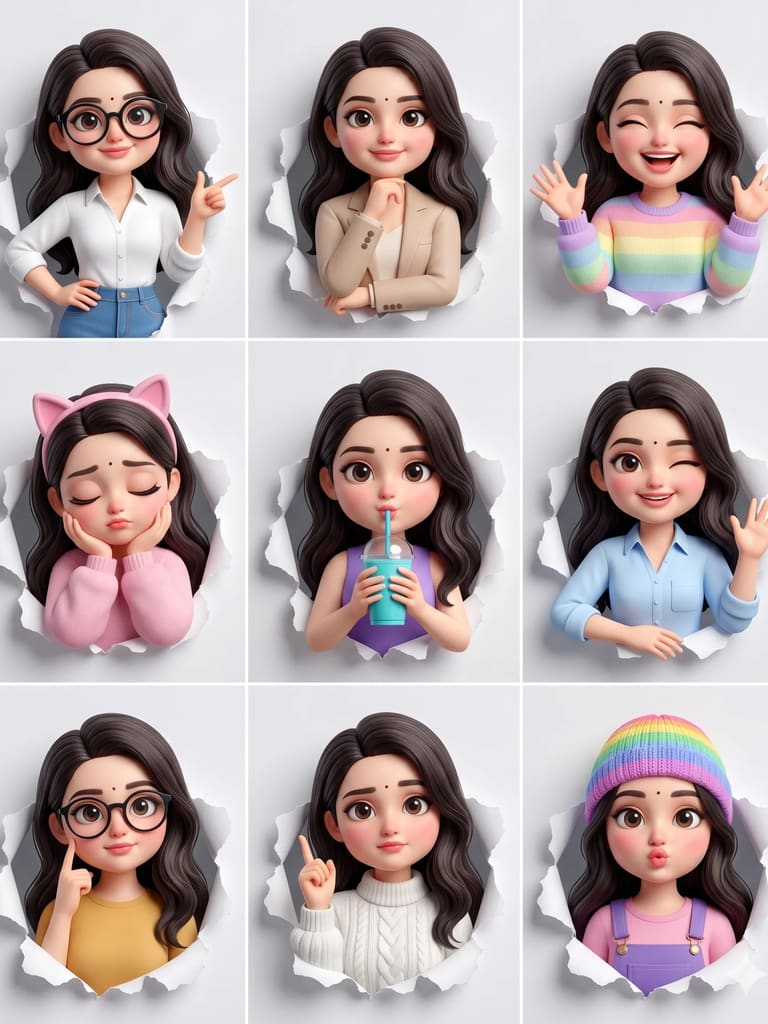 3d Girl Avatar Sticker Sheet Grid Portrait (Variation 3)