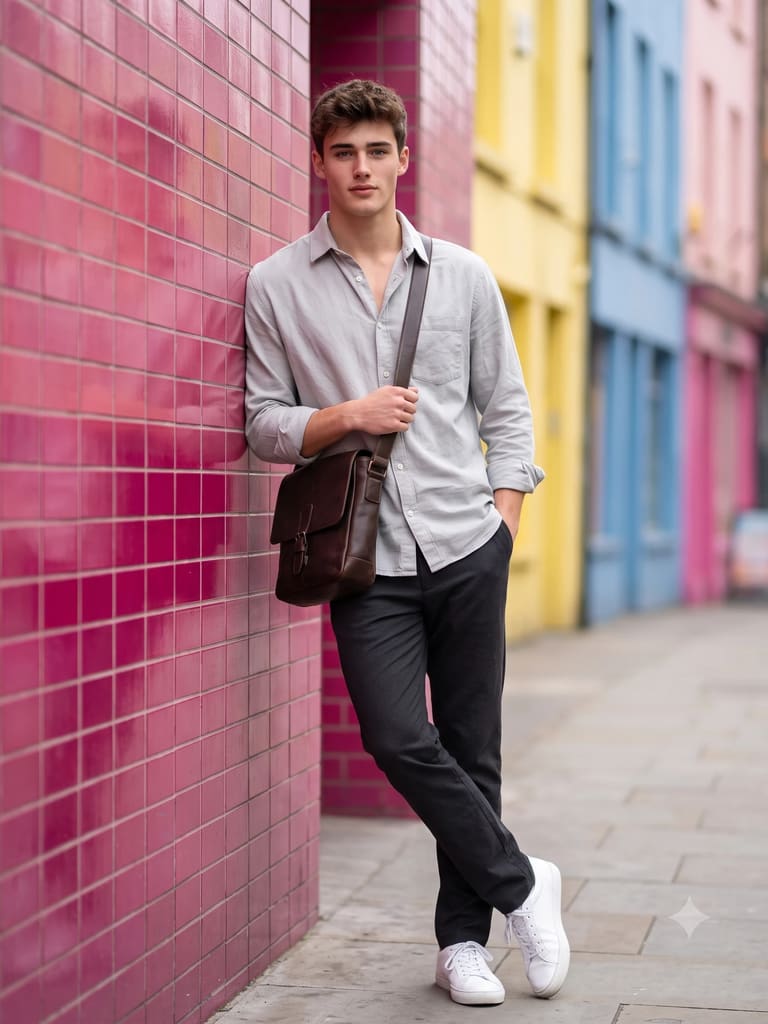 Men Street Style on Vibrant Pink Tiled Wall Portrait (Variation 2)