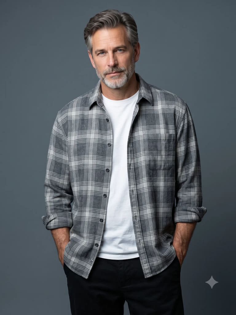 Grey Plaid Flannel Studio Men Fashion Portrait (Variation 4)