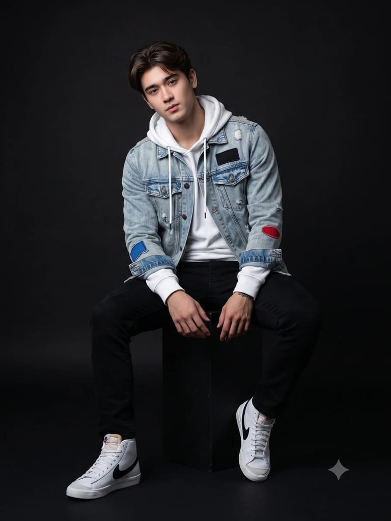 Boy Sitting in Denim Jacket on Dark Studio