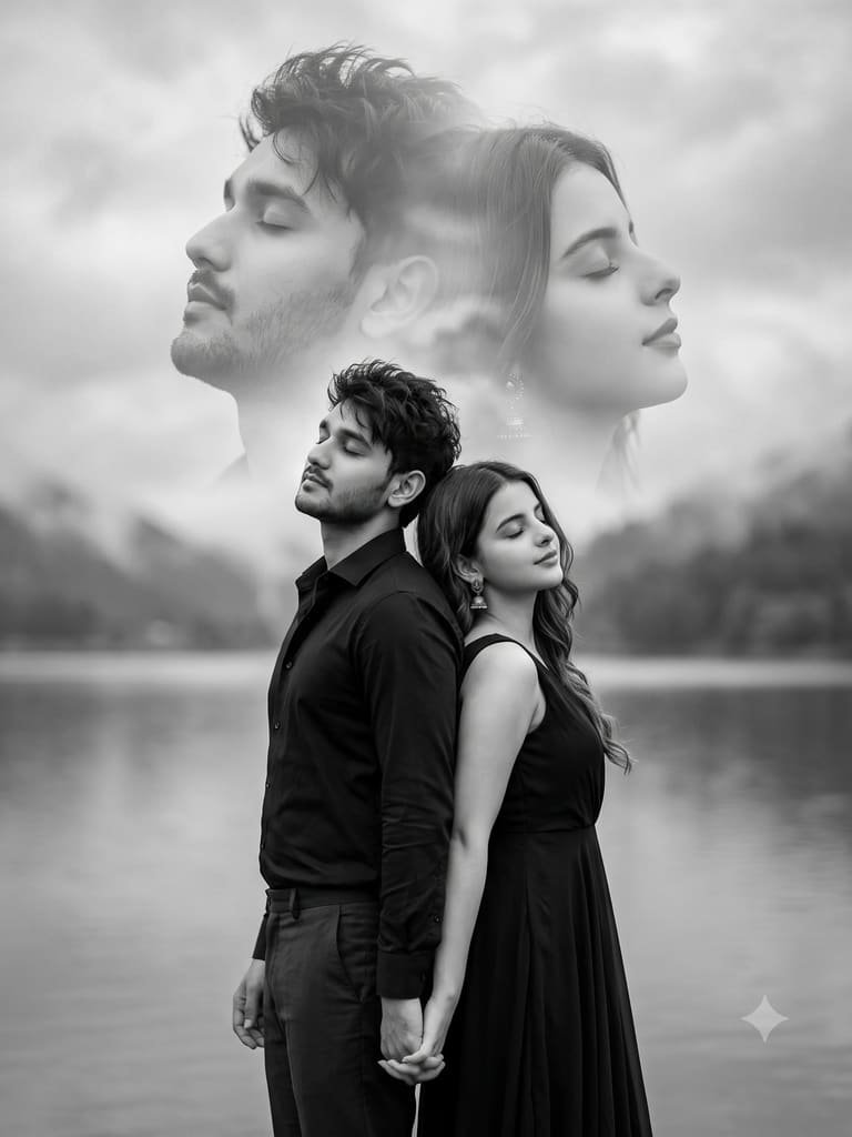 Double Exposure B&W Couple By Lake Portrait