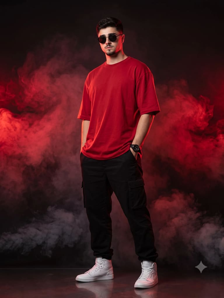 Red Tshirt Sunglasses Smoke Studio Fashion Portrait (Variation 5)