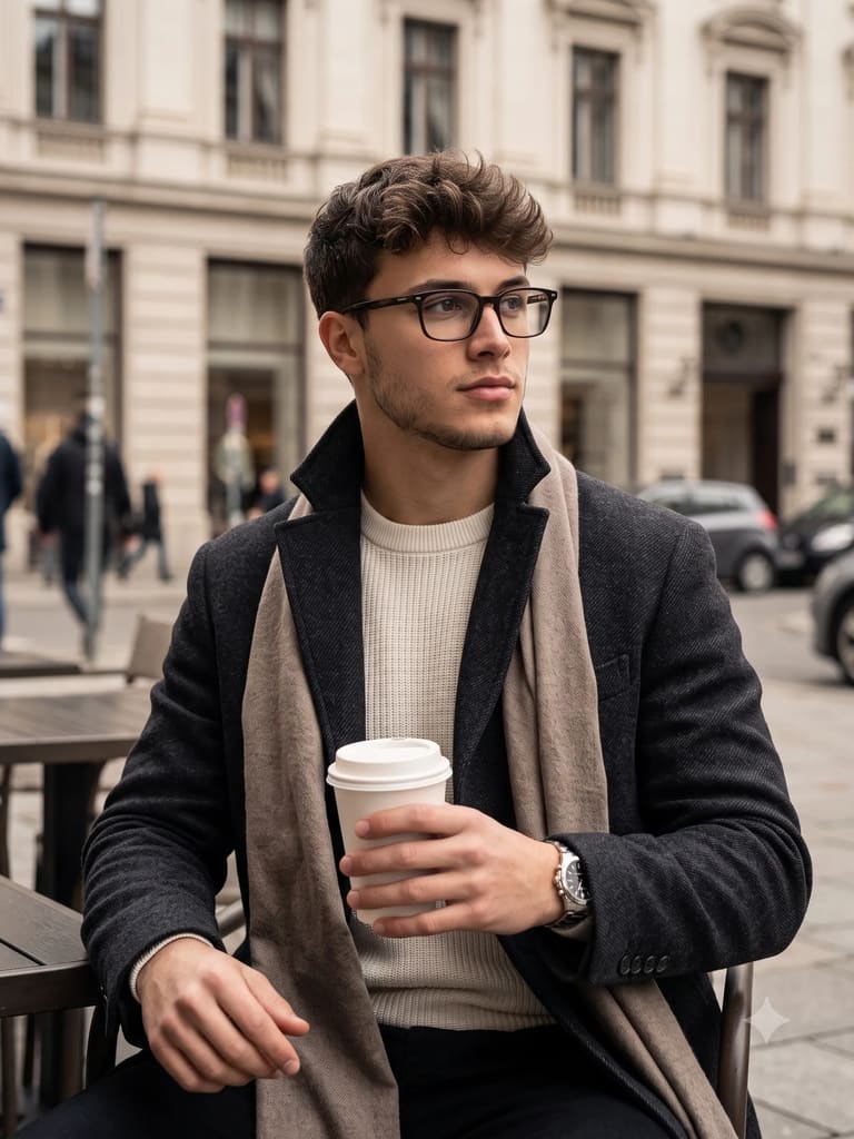 Man Enjoying Coffee at an Outdoor City Cafe Portrait (Variation 2)