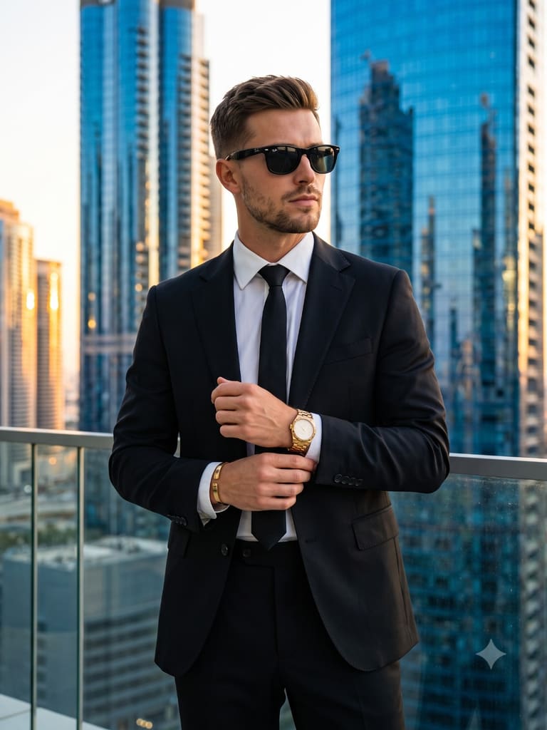 Suited Man Against Skyscraper Sunset