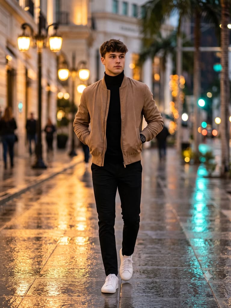 Stylish Man Walking on City Night