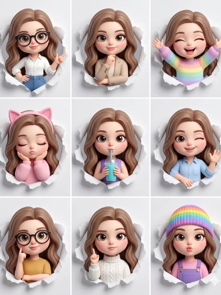 3d Girl Avatar Sticker Sheet Grid Portrait (Variation 2)