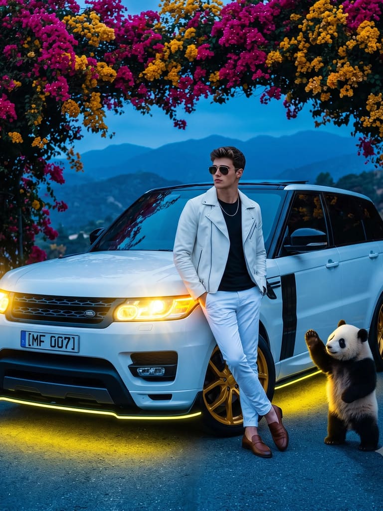 Stylish Man with White SUV and Panda Portrait (Variation 1)