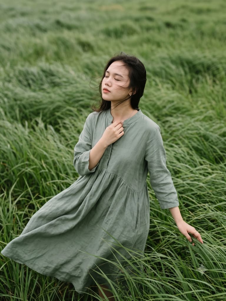 Serene Woman in Wind Green Field Portrait (Variation 8)