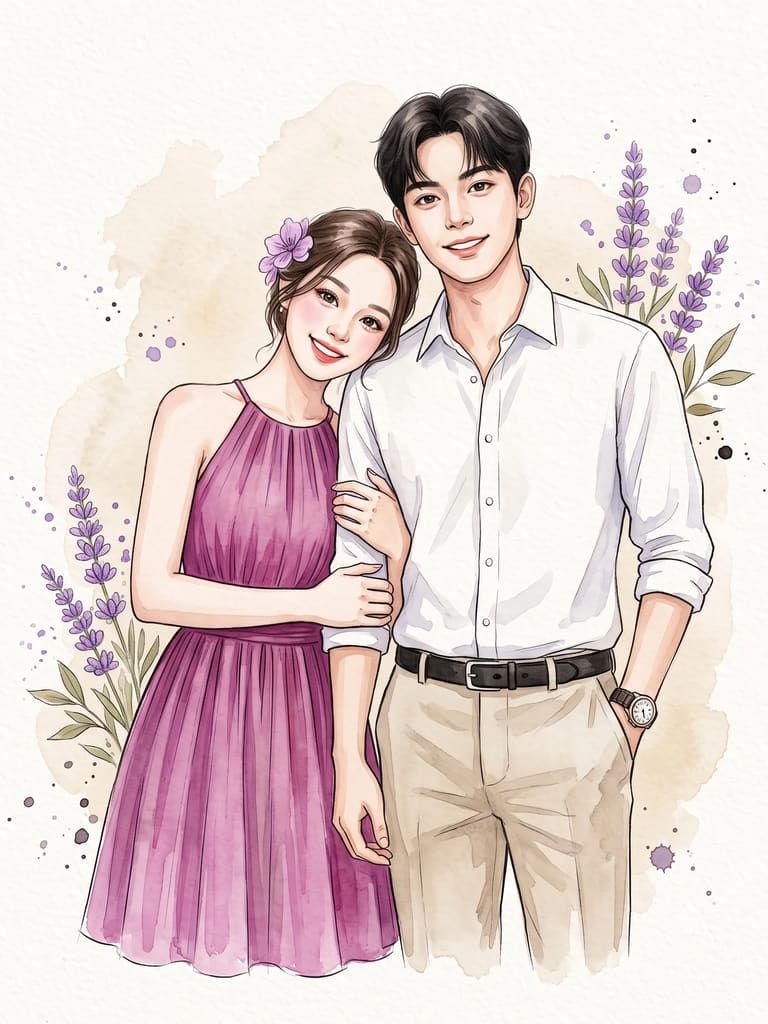 Watercolor Portrait of a Happy Couple Portrait (Variation 3)