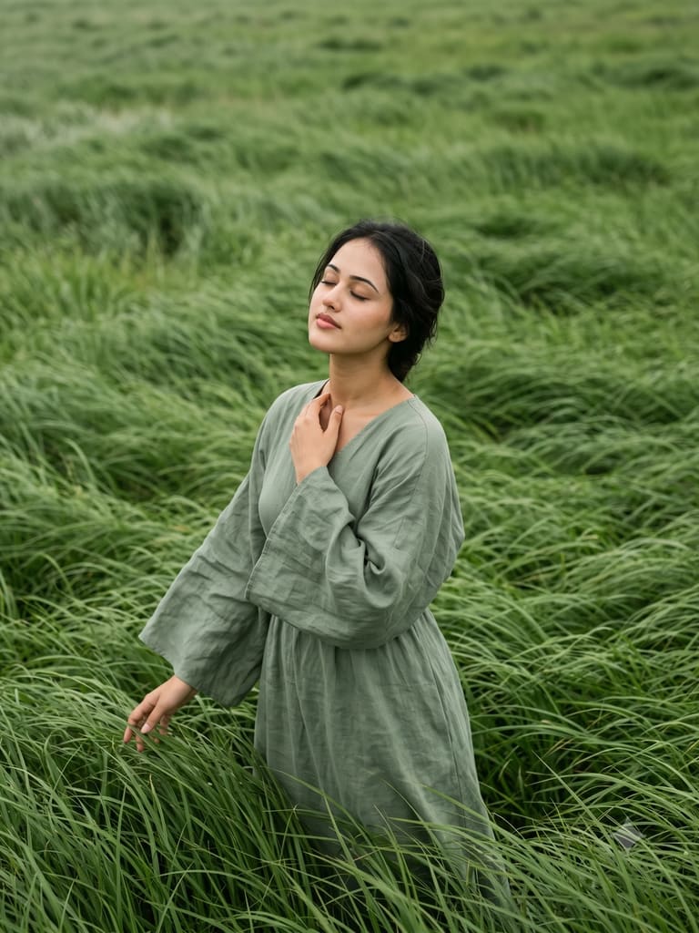 Serene Woman in Wind Green Field Portrait (Variation 4)