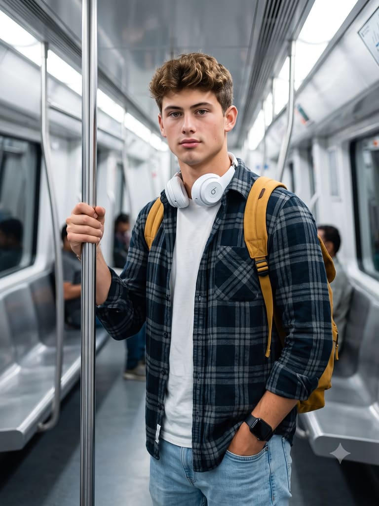 Young Man Commuting on a Modern Subway Train