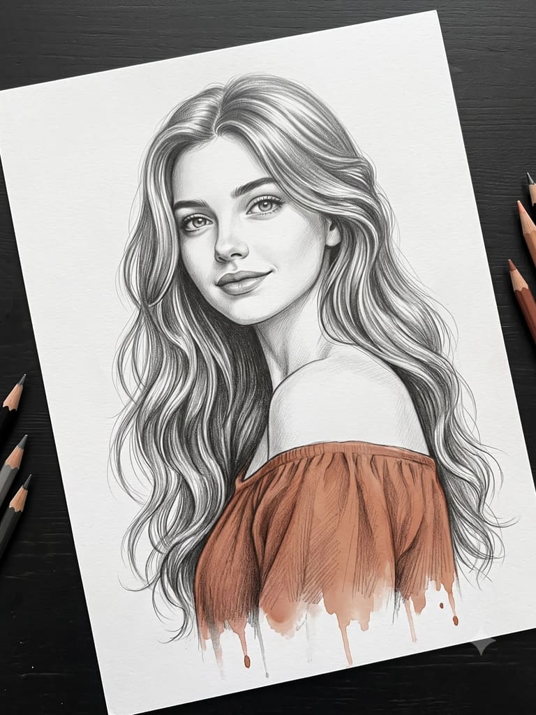 Graphite & Color Female Sketch (Variation 8)