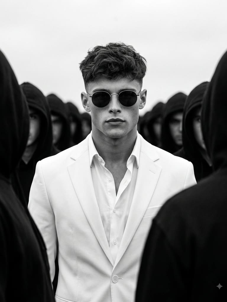 White Suit Man in Hooded Crowd Portrait (Variation 6)
