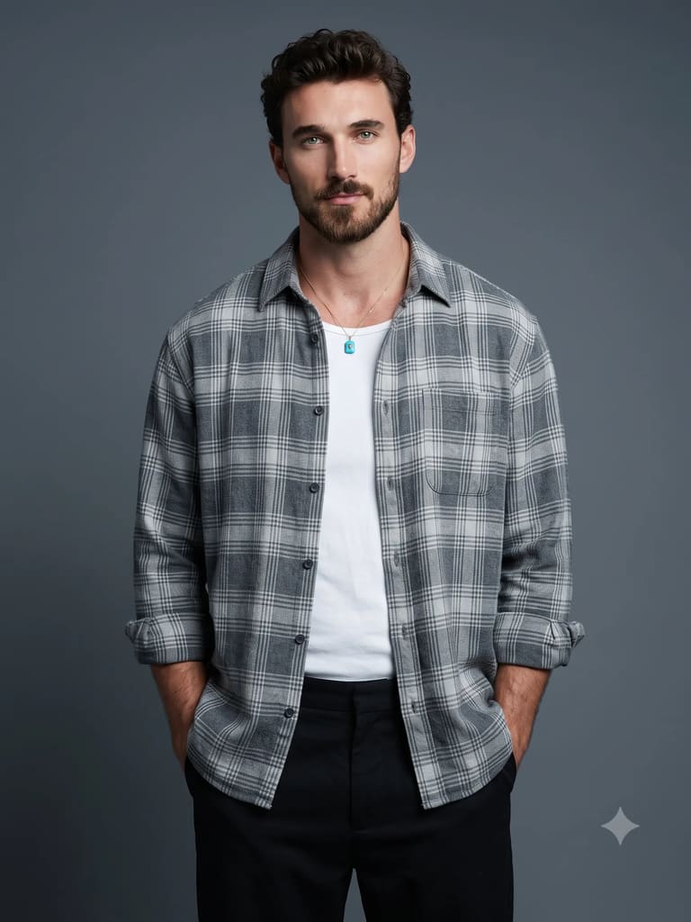 Grey Plaid Flannel Studio Men Fashion Portrait (Variation 1)