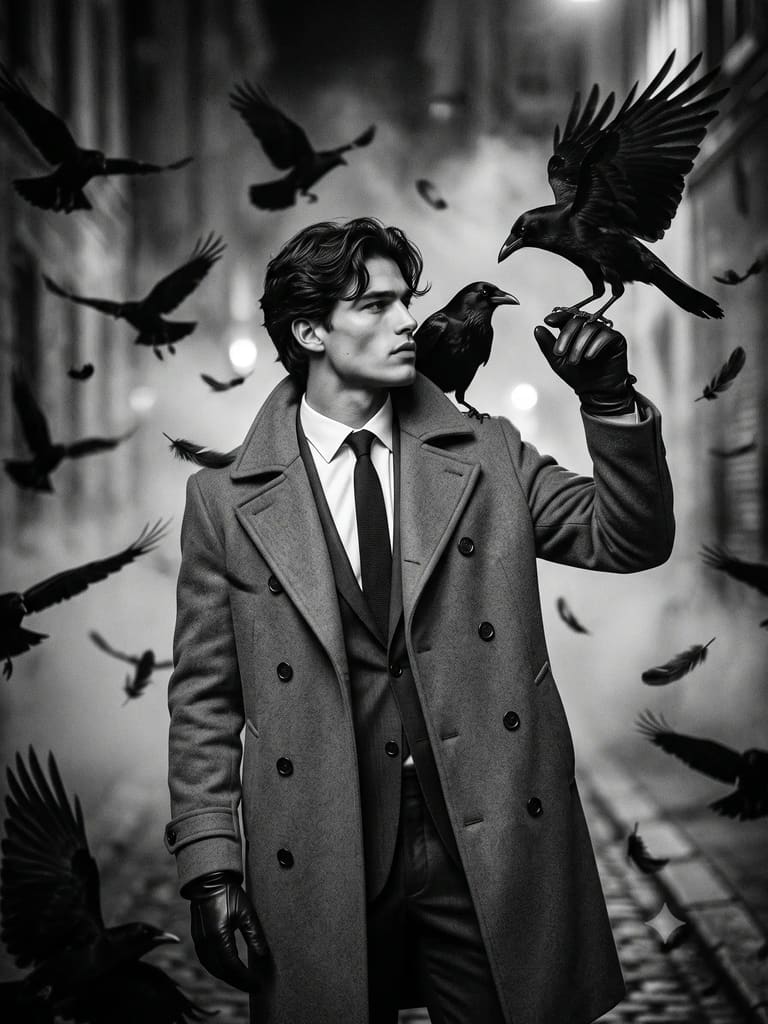 B&w Noir Portrait with Swirling Crows Portrait (Variation 3)
