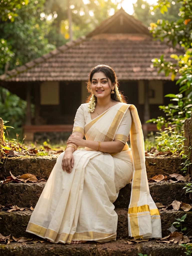 Traditional Kerala Kasavu Saree Woman Portrait (Variation 4)