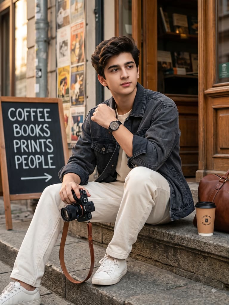 Boy Sitting Casually with DSLR Camera Portrait (Variation 3)
