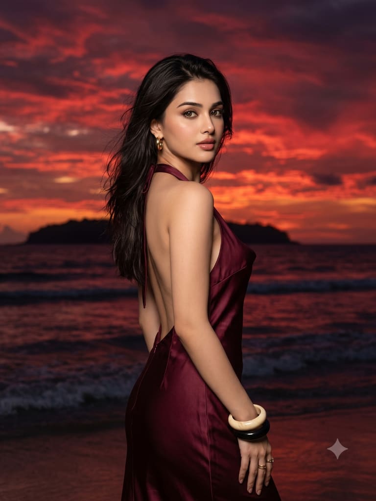 Dramatic Red Sky Coastal Sunset Woman Portrait (Variation 1)