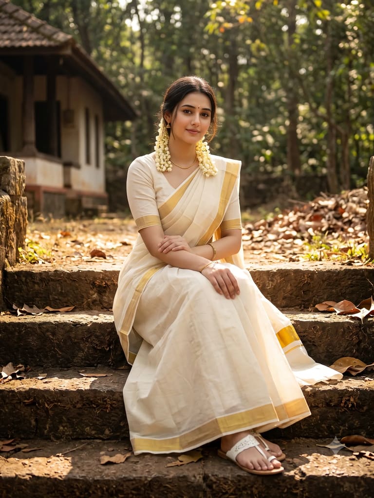 Traditional Kerala Kasavu Saree Woman Portrait (Variation 1)