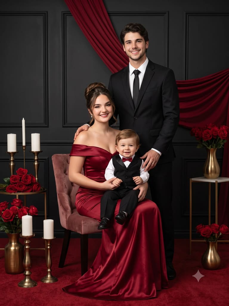 Luxury Crimson Formal Family Photoshoot Portrait (Variation 2)