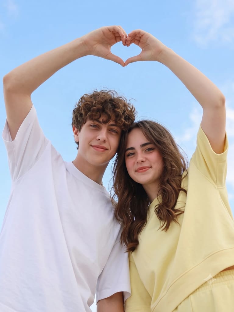 Low Angle Blue Sky Heart Hands Couple Portrait (Variation 3)