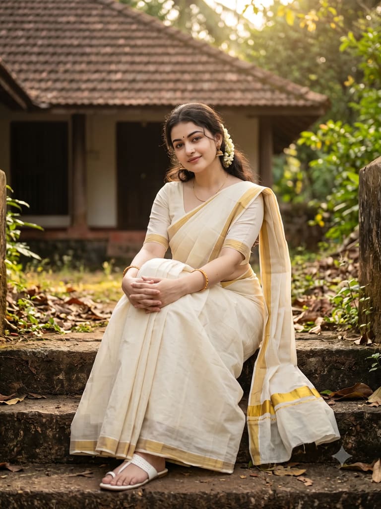 Traditional Kerala Kasavu Saree Woman Portrait (Variation 2)