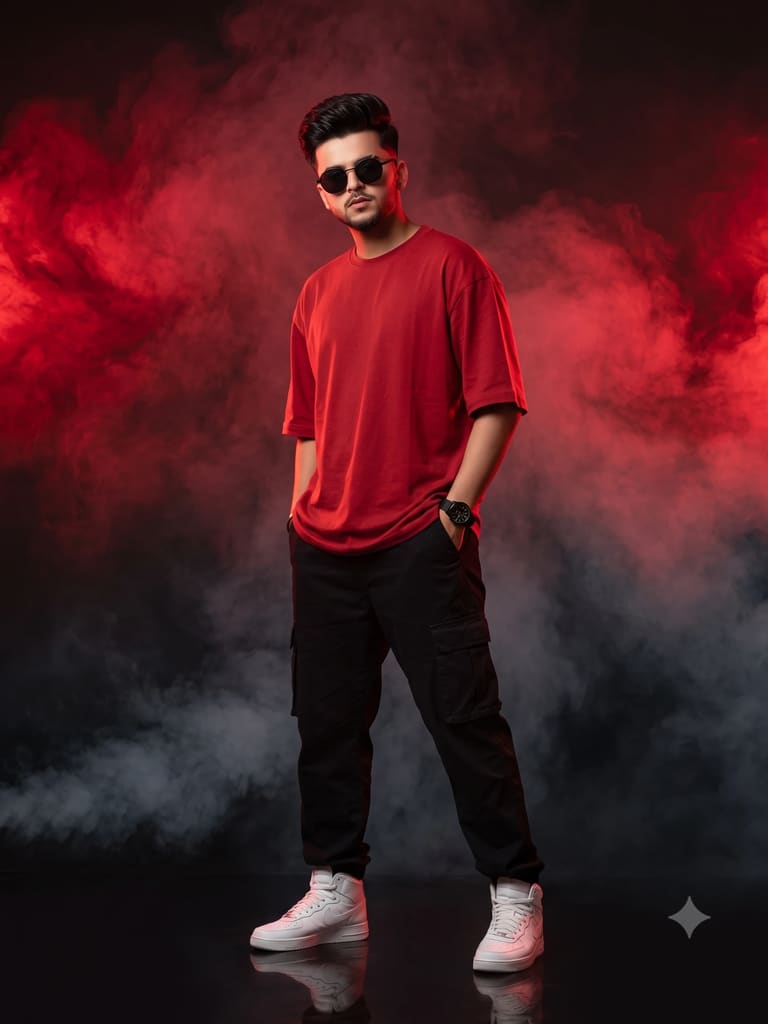 Red Tshirt Sunglasses Smoke Studio Fashion Portrait (Variation 3)