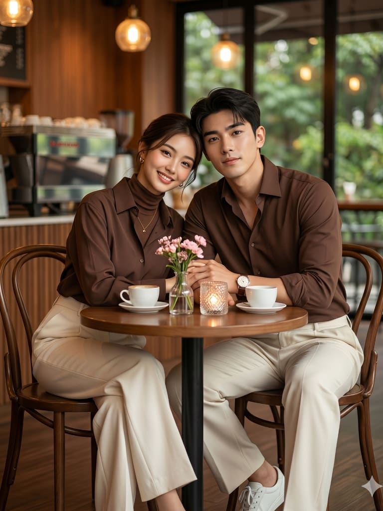 Matching Outfits Cozy Cafe Date Couple Portrait (Variation 2)