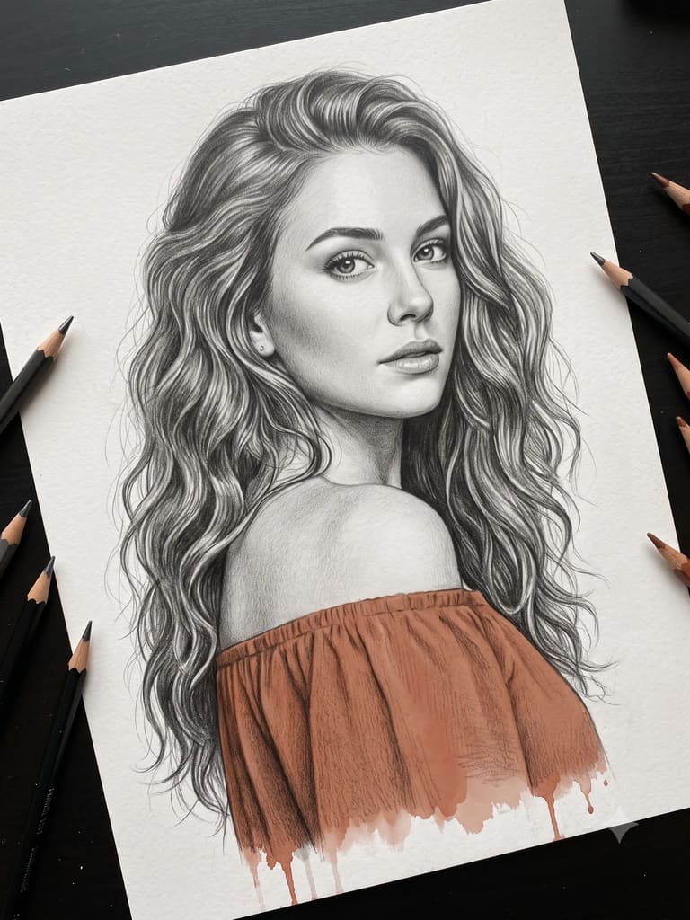 Graphite & Color Female Sketch (Variation 5)